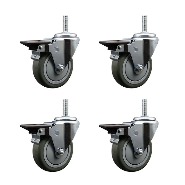 4 Inch Gray Polyurethane Wheel Swivel 34 Inch Threaded Stem Caster Set with Brake SCC